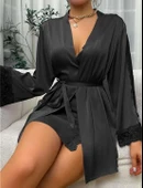 Arias Closet Dantel İşlemeli İnce Askılı Siyah 2li Saten Gecelik Sabahlık Takımı thumbnail 2