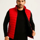 Erkek Şişme Fermuarlı Yelek Su itici Kapitone Astarlı Kumaş Cepli Hafif Kışlık Spor Rahat Kalıp - Kırmızı thumbnail 3