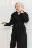 Kadın Kaşe Kaban – Uzun Boy Kruvaze Yaka, Kuşaklı Tesettür Kışlık Kaban, Astarlı Şık Yünlü Dokuma Oversize Rahat Kalıp, thumbnail 7
