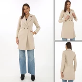 Kadın Kaşe Kaban – Siyah Yünlü Dokuma, Kruvaze Yaka, Astarlı, Cepli, Kuşaklı Uzun Boy Tesettür Uyumlu Kışlık Şık Kaban - thumbnail 6