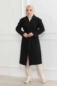 Kadın Kaşe Kaban – Uzun Boy Kruvaze Yaka, Kuşaklı Tesettür Kışlık Kaban, Astarlı Şık Yünlü Dokuma Oversize Rahat Kalıp, thumbnail 4