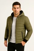 Erkek Şişme Kapüşonlu Fermuarlı Mont Su itici Kapitone Astarlı Kumaş Cepli Kışlık Rahat Kalıp - Haki thumbnail 4