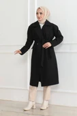 Kadın Kaşe Kaban – Uzun Boy Kruvaze Yaka, Kuşaklı Tesettür Kışlık Kaban, Astarlı Şık Yünlü Dokuma Oversize Rahat Kalıp, thumbnail 3