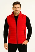 Erkek Şişme Fermuarlı Yelek Su itici Kapitone Astarlı Kumaş Cepli Hafif Kışlık Spor Rahat Kalıp - Kırmızı thumbnail 2