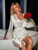 Arias Closet Dantel İşlemeli İnce Askılı Beyaz Saten 2li Gecelik Sabahlık Takımı thumbnail 1