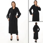 Kadın Uzun Kaşe Kaban – Yünlü Dokuma Kaşmir Kumaş, Kruvaze Yaka, Kuşaklı Astarlı Tesettür Uyumlu Şık Kışlık Siyah Model thumbnail 7