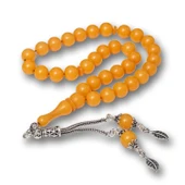 Gümüş Püsküllü Sarı Yuvarlak Sıkma Kehribar Tesbih thumbnail 1