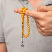 Gümüş Top Kazaz Püsküllü Sarı Yuvarlak Sıkma Kehribar Tesbih thumbnail 3