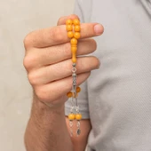 Gümüş Püsküllü Sarı Yuvarlak Sıkma Kehribar Tesbih thumbnail 2