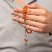 Gümüş Püsküllü Turuncu Yuvarlak Sıkma Kehribar Tesbih thumbnail 4