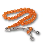 Gümüş Püsküllü Turuncu Yuvarlak Sıkma Kehribar Tesbih thumbnail 1