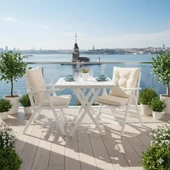 Bahçeme Antalya Katlanır Ahşap Bahçe Balkon Takımı Beyaz : 70x70 Masa + 2 Minderli Sandalye thumbnail 2