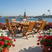 Bahçeme Avşa Side Ahşap Bahçe Balkon Takımı: 70x120 +40 cm Uzayan Masa & 6 Katlanır Sandalye thumbnail 1