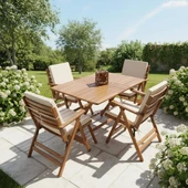 Bahçeme Antalya Katlanır Ahşap Bahçe Balkon Seti: 70x120 Masa + 4 Düz Minderli Sandalye thumbnail 1