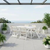 Bahçeme Antalya Ahşap Bahçe Balkon Seti Beyaz: 80x140 Sabit Masa +4 Düz Minderli Sandalye thumbnail 2