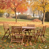 Bahçeme Antalya Katlanır Ahşap Bahçe Balkon Seti: 90lık Yuvarlak Masa + 4 Sandalye thumbnail 1