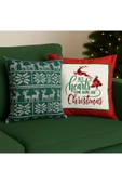 Çift Tarafı Baskılı Candy Christmas Desenli 2'li Set Kadife Kırlent Kılıfı Yılbaşı - Noel thumbnail 1