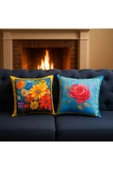 Kırlent kılıfı 3D Dijital Baskılı 2'Li Takım Çiçek Temalı Yastık Kılıfı thumbnail 3