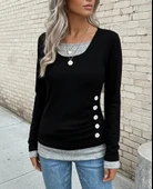 MDB Kadın Uzun Kollu Yuvarlak Yaka Blok Renkli Yandan Düğmeli Viskon Bluz thumbnail 1