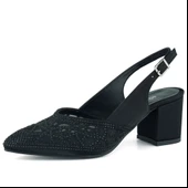Erkan Saçmacı Estelle Siyah Saten Taşlı Fileli Sivri Burun Kalın Topuklu Arkası Açık Abiye Ayakkabı thumbnail 1