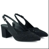 Erkan Saçmacı Estelle Siyah Saten Taşlı Fileli Sivri Burun Kalın Topuklu Arkası Açık Abiye Ayakkabı thumbnail 3