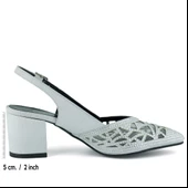 Erkan Saçmacı Estelle Gümüş Saten Taşlı Fileli Sivri Burun Kalın Topuklu Arkası Açık Abiye Ayakkabı thumbnail 2