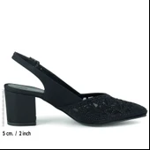 Erkan Saçmacı Estelle Siyah Saten Taşlı Fileli Sivri Burun Kalın Topuklu Arkası Açık Abiye Ayakkabı thumbnail 2