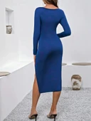 MDB Kadın Uzun Kollu Göğüs Ve Göbek Dekolte Detay Sandy Midi Boy Elbise thumbnail 3