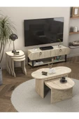 Tv Sehpası Ünitesi 2'Li Orta Sehpa 3'Lü Zigon Sehpa Set Üç Ürün Traverten thumbnail 1