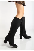 Kadın Siyah Süet Fermuarlı Sivri Burun Topuklu Uzun Çizme thumbnail 1