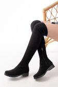 Streç Siyah Süet Diz Üstü Fermuarlı Günlük Kadın Çizme thumbnail 3