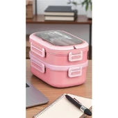 Akayev 1650ml İki Katlı 4 Bölmeli Çelik Yemek Kabı Pembe thumbnail 1