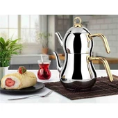 Lines Şahmeran Paslanmaz Çelik Çaydanlık Altın Kulp Mini Boy thumbnail 1