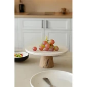 Akayev Traverten 25 Cm Ahşap Konik Ayaklı Yuvarlak Sunumluk thumbnail 2