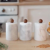 Akayev Mermer Beyaz Ahşap Kulplu 3lü Baharatlık thumbnail 1