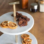 Akayev Mermer 25 Cm Beyaz Altın Boncuk Ayaklı İki Katlı Sunum Tabağı thumbnail 3