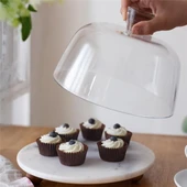 Akayev Mermer Beyaz 25 Cm Ahşap Boncuk Ayaklı Cam Fanus - Ekmek ve Kek Standı - Pasta Standı thumbnail 3