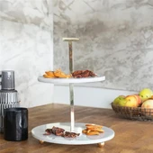 Akayev Mermer 25 Cm Beyaz Altın Boncuk Ayaklı İki Katlı Sunum Tabağı thumbnail 1