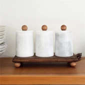 Akayev Mermer Beyaz Ahşap Kulplu ve Standlı 3lü Baharatlık thumbnail 1