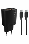 PDAteknoloji 20 watt USB + Type-C çıkışlı Hızlı Şarj Başlık Adaptör + 1m 3A Type-C to Type-C Kablo  (Yerli Üretim) KDR-42 Siyah thumbnail 1