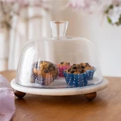 Akayev Mermer Beyaz 25 Cm Ahşap Boncuk Ayaklı Cam Fanus - Ekmek ve Kek Standı - Pasta Standı thumbnail 1