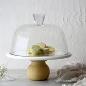 Akayev Mermer 25 Cm Ahşap Ayaklı Beyaz Cam Fanus thumbnail 1