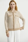 Çizgi Detaylı Yakalı Triko Ceket - Bej thumbnail 2