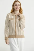Çizgi Detaylı Yakalı Triko Ceket - Bej thumbnail 3