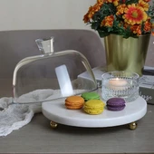 Akayev Mermer 25 Cm Altın Boncuk Ayaklı Beyaz Kalın Cam Fanus thumbnail 3