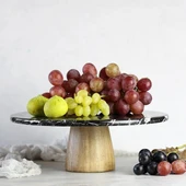 Akayev Mermer 28 Cm Ahşap Konik Ayaklı Siyah Yuvarlak Sunum Tabağı thumbnail 3