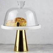 Akayev Mermer 25 Cm Altın Konik Ayak Beyaz Kalın Cam Fanus thumbnail 3