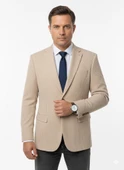 Erkek Bej Slim Fit Blazer Ceket – Çizgili Dokulu Kumaş – Çift Düğmeli thumbnail 6