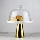 Akayev Mermer 25 Cm Altın Konik Ayak Beyaz Kalın Cam Fanus thumbnail 1