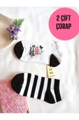 2 ÇİFT PATİK DİKİŞSİZ ÇORAP YUMUŞAK PAMUKLU KISA KONÇ DESENLİ KADIN ÇORABI 36-40 SİYAH BEYAZ thumbnail 1